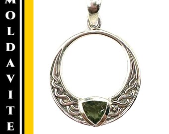 Colgante de cristal de moldavita, auténtico collar de moldavita de plata pulida, con la leyenda "Thoth, dios egipcio de la magia y la luna" (n.° 2132).