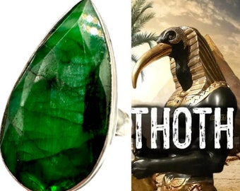 Emerald Ring Encoded To Thoth Egyptian God of Magik/Moon Silver Ring Sz 7. Gift for Her, Gift for Him Crystal Jewelry, Self Care #3014