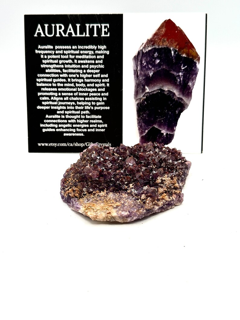May include: Auralite crystal cluster with a purple and brown color scheme. The crystal is on a white background with a black card that describes the properties of the crystal. The card reads "Auralite possess an incredibly high frequency and spiritual energy, making it a potent tool for meditation and spiritual growth. It awakens and strengthens intuition and psychic abilities, facilitating a deeper connection with one's higher self and spiritual guides. It brings harmony and balance to the mind, body, and spirit. It releases emotional blockages and promoting a sense of inner peace and calm. Aligns all chakras assisting in spiritual journeys, helping to gain deeper insights into their life's purpose and spiritual path. Auralite is thought to facilitate connections with higher realms, including angelic energies and spirit guides enhancing focus and inner awareness. www.etsy.com/ca/shop/Gift Crystals"