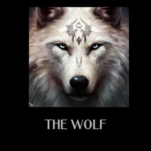 May include: A digital art image of a wolf's face, featuring piercing blue eyes and a black nose. The wolf has white fur with intricate details, and a decorative design on its forehead. The text "THE WOLF" is at the bottom.