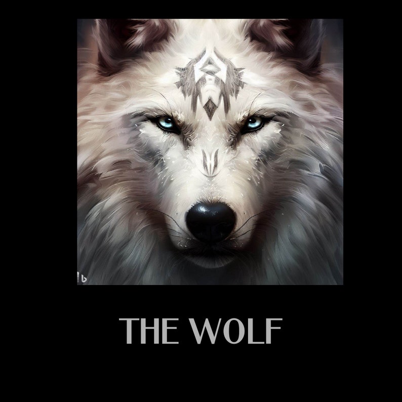 May include: A digital art image of a wolf's face, featuring piercing blue eyes and a black nose. The wolf has white fur with intricate details, and a decorative design on its forehead. The text "THE WOLF" is at the bottom.