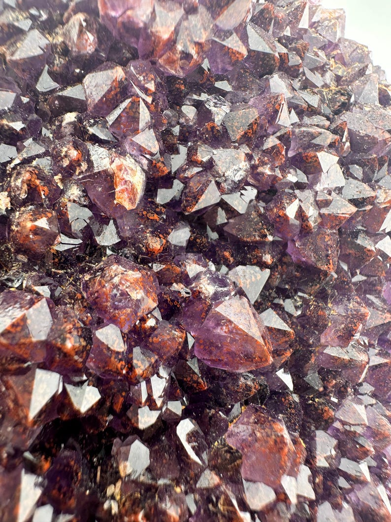 May include: A close-up of a cluster of amethyst crystals. The crystals are a deep purple color and have a natural, rough texture. Some of the crystals have a reddish-brown hue.