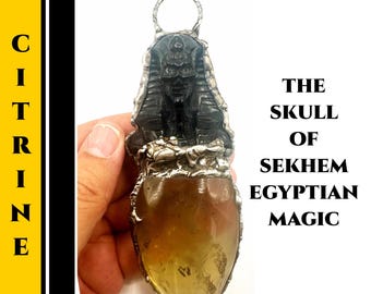 Obsidian Skull Necklace with Citrine Crystal Pendant Egyptian Talisman Amulet for Protection Strength Spiritual Power and Energy #198