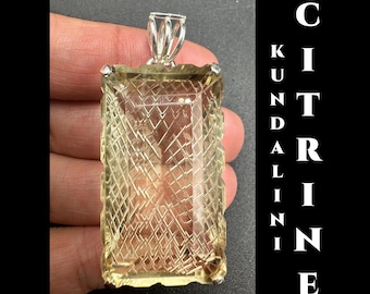 XL KUNDALINI CITRINE Crystal Necklace Very Rare Hand Carved Sacred Geometry 126 Cts!  Yoga, Spiritual Gift, Awaken Your Chakras, Silver #812