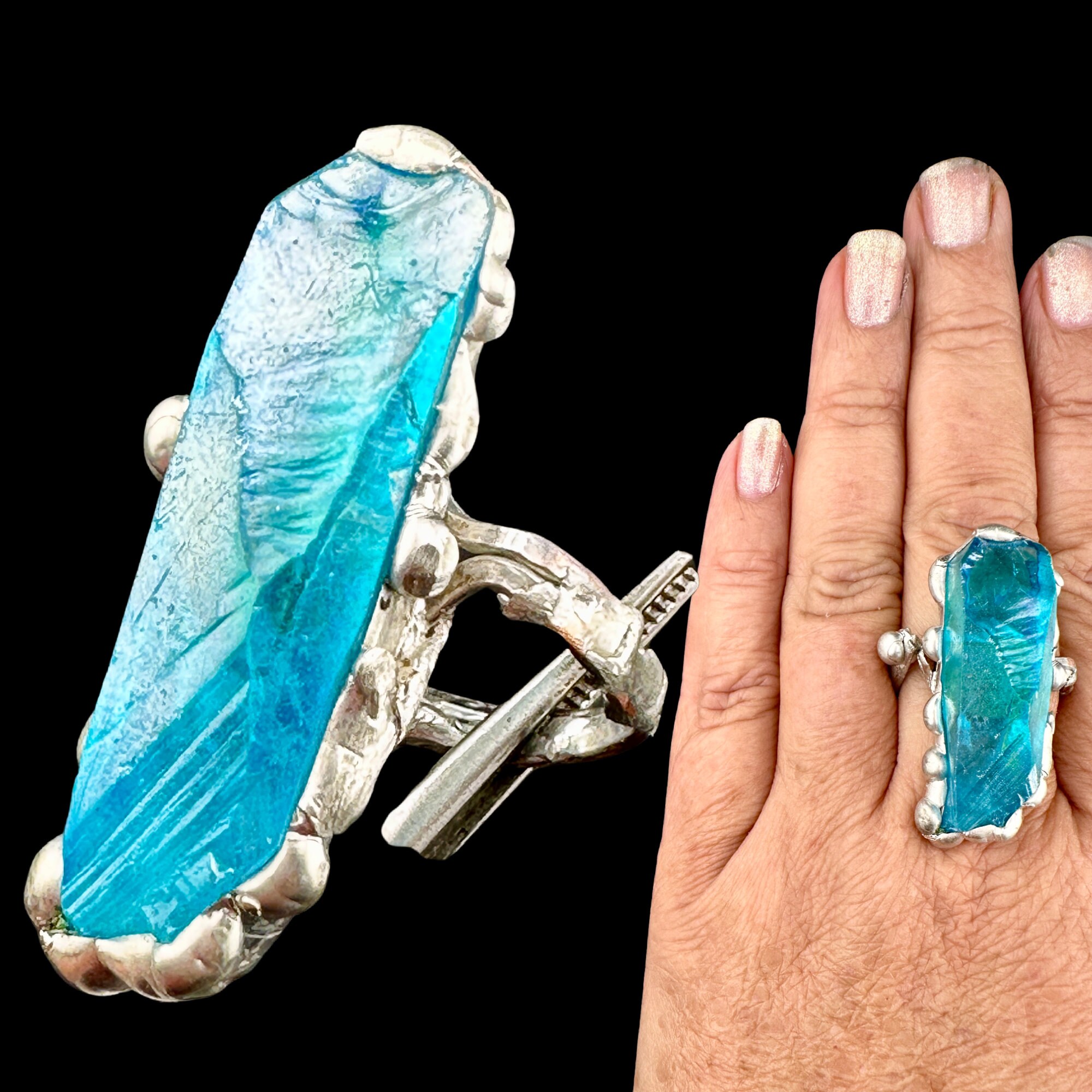 AQUA AURA RING Statement Ring Handmade Jewellery Boost Intuition Quartz Ring Jewellery Gift for Her Crystal Wand Ring Encoded Crystals #2116