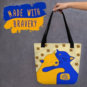 Chats ukrainiens et câlins d'amour - Sac en coton, sac pour femme, cadeau respectueux de l'environnement, artiste ukrainien, anses noires, sacs de plage, sac à provisions