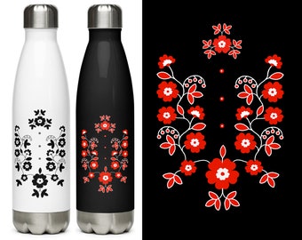 Stainless Steel Water Bottle with Ukrainian floral trident | Ukrainian seller | Ukrainian business | Ukrainian ART | Stainless Steel Tumbler