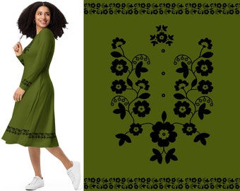 Ukrainian trident flowers All-over print long sleeve midi dress | Ukrainian Seller | Exclusive Gift | UA