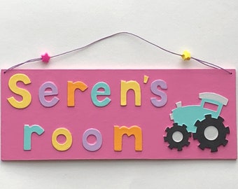 Any Name! Tractor themed personalised name plate with baby pink background.