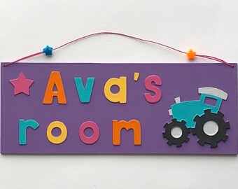 Any Name! Tractor themed personalised name plate with purple background.