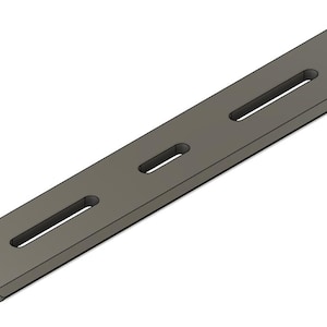 May include: A gray metal plate with three rectangular slots and a round hole at each end. The plate is designed for mounting and securing objects.