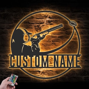 Custom Clay Pigeon Shooting Metal Wall Art LED Light Personalized Shooting Player Name Sign Home Decor Man Cave Trap shooting Decoration