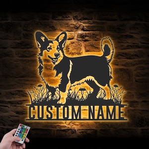 Custom Pembroke Welsh Corgi Metal Wall Art LED Light Personalized Dog Lover Name Sign Home Decor Pet Kid Nursery Animal Decoration Christmas
