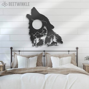 Wolf on the Moon Metal Wall Art LED Light Howling Wolf Sign Home Decor ...