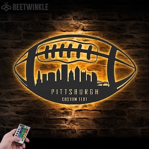 Custom Pittsburgh Skyline American Football Metal Wall Art LED Light Personalized Player Name Sign Home Decor Kid Nursery Decoration Xmas