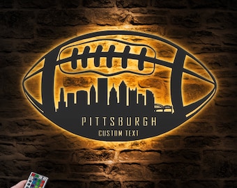 Custom Pittsburgh Skyline American Football Metal Wall Art LED Light Personalized Player Name Sign Home Decor Kid Nursery Decoration Xmas