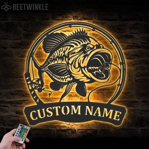 Custom Largemouth Bass Fishing Metal Wall Art LED Light Personalized Fisher Name Sign Home Decor Kid Boy Girl Nursery Decoration Birthday