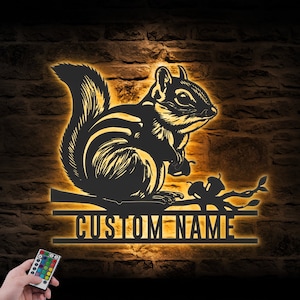 Custom Chipmunk Metal Wall Art LED Light Personalized Chipmunk Lover Name Sign Home Decor Kid Nursery Decoration Housewarming Birthday Gift