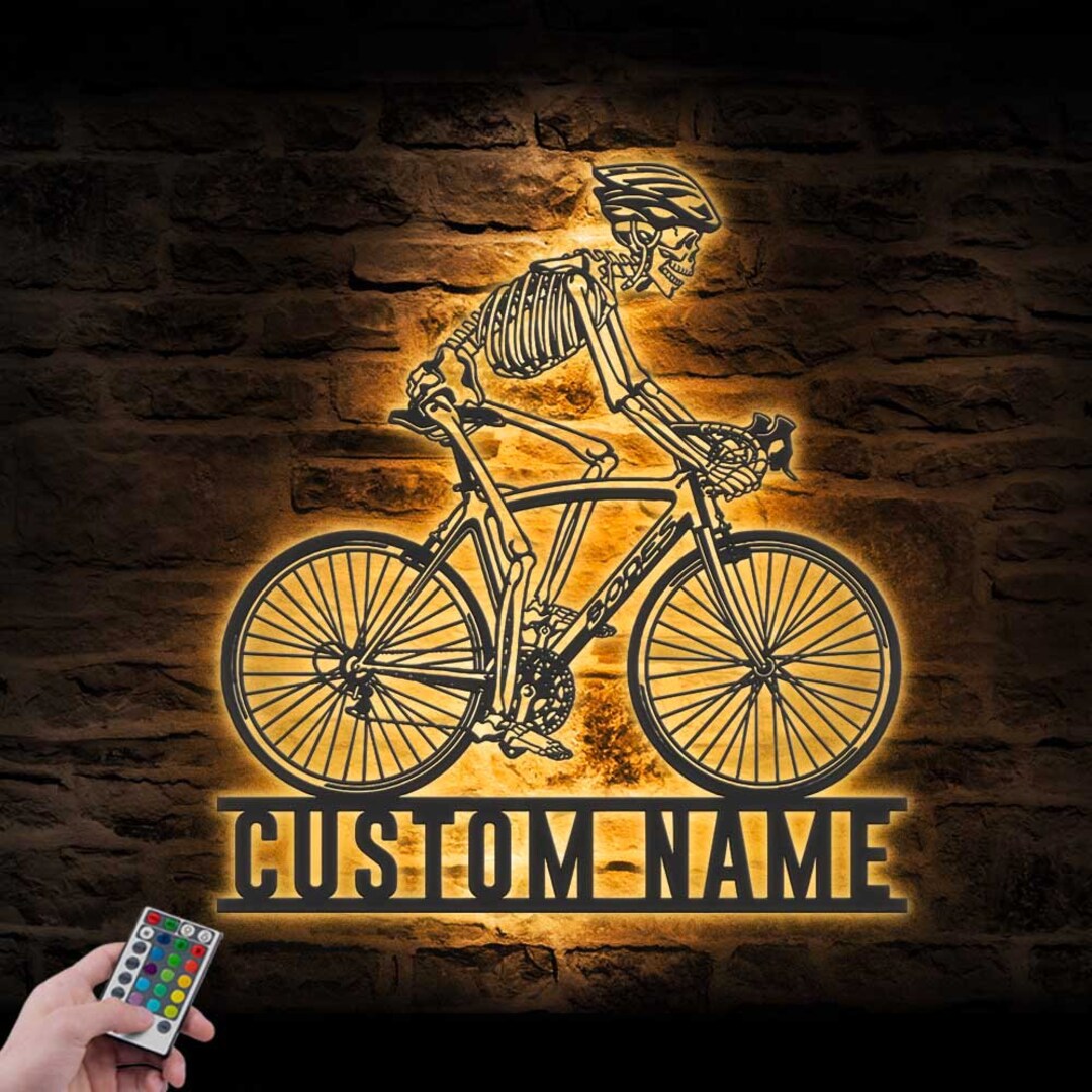 Custom Skeleton Riding Road Bike Racing Metal Wall Art LED Light