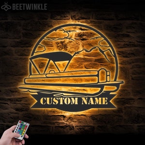 Custom Pontoon Lake House Metal Wall Art LED Light Personalized Boat Lake Name Sign Home Decor Cabin Lake Life Decoration Birthday Xmas Gift