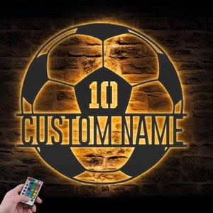 Custom Soccer Ball Metal Wall Art LED Light Personalized Football Player Lover Sign Home Decor Kid Boy Girl Nursery Decoration Birthday Xmas