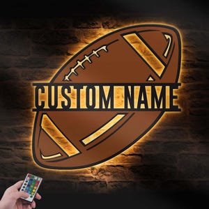 Custom American Football Metal Wooden Wall Art LED Light Personalized Player Name Sign Home Decor Man Cave Sports Room Decoration Christmas