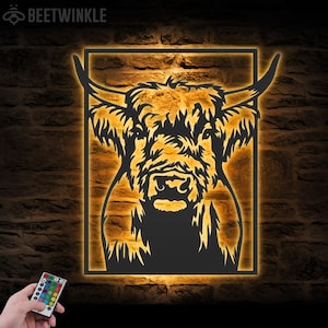 Highland Cow Farmhouse Metal Wall Art LED Light Buffalo Farm Sign Home Decor Scottish Cow Barn Nursery Decoration Farmer Xmas Birthday