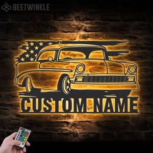 Arte de pared de metal para garaje estadounidense personalizado, luz LED, letrero con nombre de coche clásico personalizado, decoración para el hogar, reparación de mecánicos, decoración de cumpleaños para reparadores