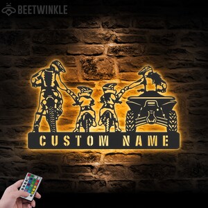 Custom Family ATV Quad Motocross Biker Metal Wall Art LED Light Personalized Dirt Bike Name Sign Home Decor Motorcycle Decoration Rider Xmas