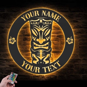 Custom Ku Tiki Bar Metal Wall Art Led Light Personalized Tiki Lounge Name Sign Home Decor Hawaiian Tribal Polynesian Decoration Tiki God Ku