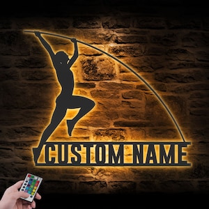 Custom Female  Pole Vault Metal Wall Art LED Light Personalized Woman Pole Vaulting Name Sign Home Decor Athletics Decoration Jumping Sport