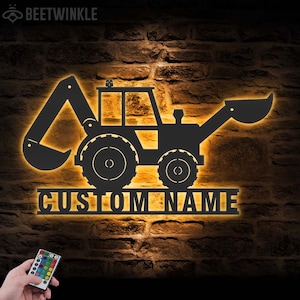 Custom Excavator Driver Metal Wall Art LED Light Personalized Excavator Digger Name Sign Home Decor Kids Room Trucks Boys Nursery Decoration