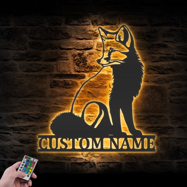 Custom Fox Metal Wall Art LED Light Personalized Fox Lover Name Sign Home Decor Kid Nursery Decoration Wild Animal Housewarming Birthday