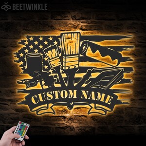 Custom Paint Tools US Flag Metal Wall Art LED Light Personalized Painter Name Sign Home Decor Painting Job Decoration Wall Repair Dad Gift