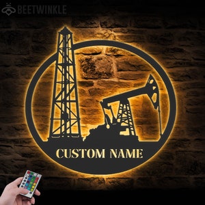 Custom Oil Field Hanger Metal Wall Art LED Light Personalized Oil Rig Derrickhand Name Sign Home Decor Derrickman Decoration Birthday Gift