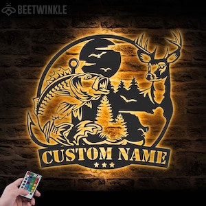 Custom Deer And Fishing Metal Wall Art LED Light Personalized Hunter Name Sign Home Decor Antler Hunting Cabin Decoration Housewarming Xmas