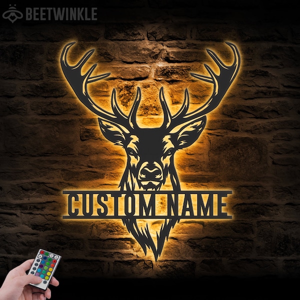 Benutzerdefinierte ELK Deer Jagd Metall Wand Kunst LED Licht Personalisierte Buck Head Hunter Name Zeichen Home Decor Geweih Kabine Dekoration Weihnachten Geburtstag