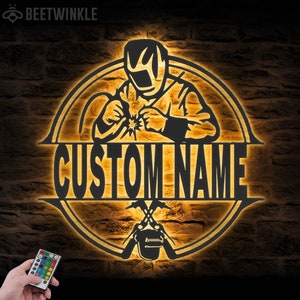 Custom Welding Metal Wall Art LED Light Personalized Welder Name Sign Home Decor Ironworker Decoration Man Cave Birthday Xmas Housewarming