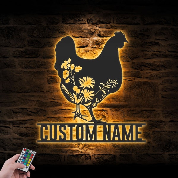 Custom Floral Chicken Farmhouse Metal Wall Art LED Light Personalized Wild Flower Chicken Coop Name Sign Home Decor Hen Barn Decoration Xmas