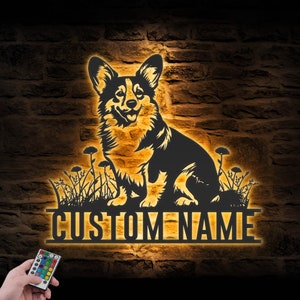 Custom Pembroke Welsh Corgi Metal Wall Art LED Light Personalized Dog Lover Name Sign Home Decor Pet Kid Nursery Animal Decoration Christmas