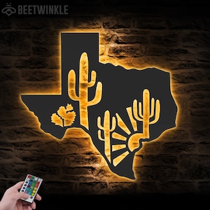 Kakteen Wüste Texas Karte Metall Wandkunst LED Licht Texas Zustandschild Wohnkultur Born in Texas Dekoration Kaktus Wüstenlandschaft Einweihungsparty
