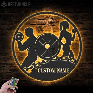 Custom Powerlifting Workout Metal Wall Art LED Light Personalized Weightlifting Name Sign Home Decor Bodybuilding Gym Fitness Decoration