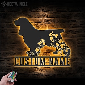 Custom FLoral Cocker Spaniel Metal Wall Art LED Light Personalized Wild Flower Dog Lover Name Sign Home Decor Pet Animal Decoration Birthday