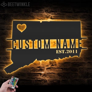 Custom Connecticut Map Metal Wall Art LED Light Personalized Connecticut State Name Sign Home Decor Born in Connecticut Decoration Xmas