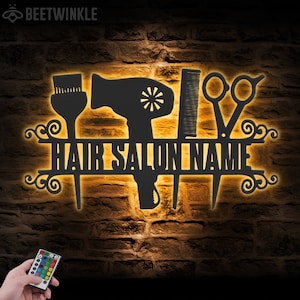 Custom Hair Salon Metal Wall Art LED Light Personalized Hair Stylist Name Sign Home Decor Hairdresser Decoration Barbershop Xmas Birthday