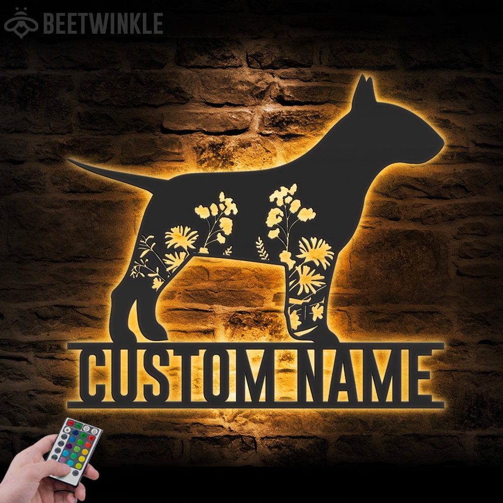 Custom FLoral Miniature Bull Terrier Metal Wall Art LED Light Personalized Wild Flower Dog Lover Name Sign Home Decor Pet Animal Decoration