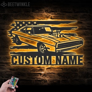 Custom US Garage Metal Wall Art LED Light Personalized Classic Muscle Car Name Sign Home Decor Mechanic Repair Decoration Repairman Birthday