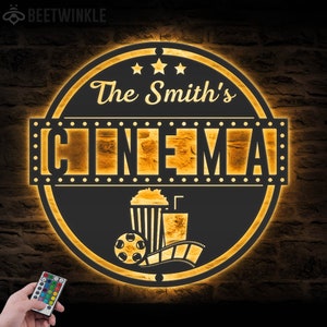 Custom Movie And Popcorn Metal Wall Art LED Light Personalized Family Cinema Home Theater Name Sign Home Decor Man Cave Decoration Birthday