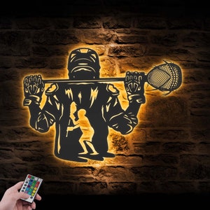 Lacrosse Player Metal Wall Art LED Light Lacrosse Goalie Sign Home Decor Lacrosse Stick Kid Nursery Decoration Christmas Birthday Man Cave