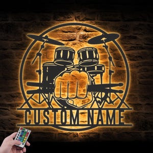 Custom Drummer Room Metal Wall Art LED Light Personalized Drum Lover Name Sign Home Decor Music Room Kids Nursery Decoration Birthday Xmas